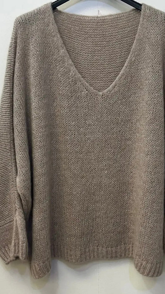Oversized Mohair V-Neck Jumper - stone