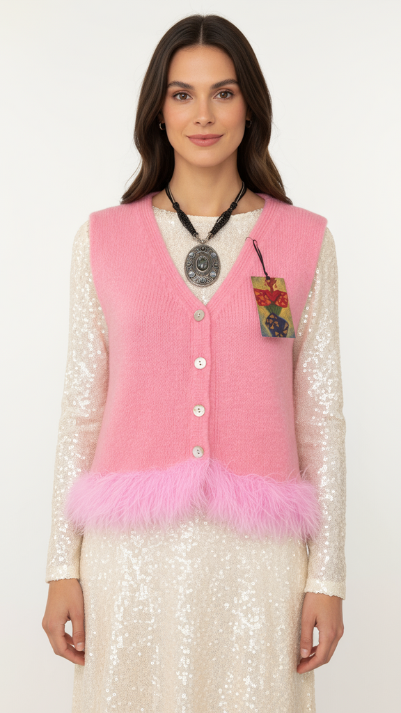 Alpaca knit, pink sleeveless cardigan with buttons