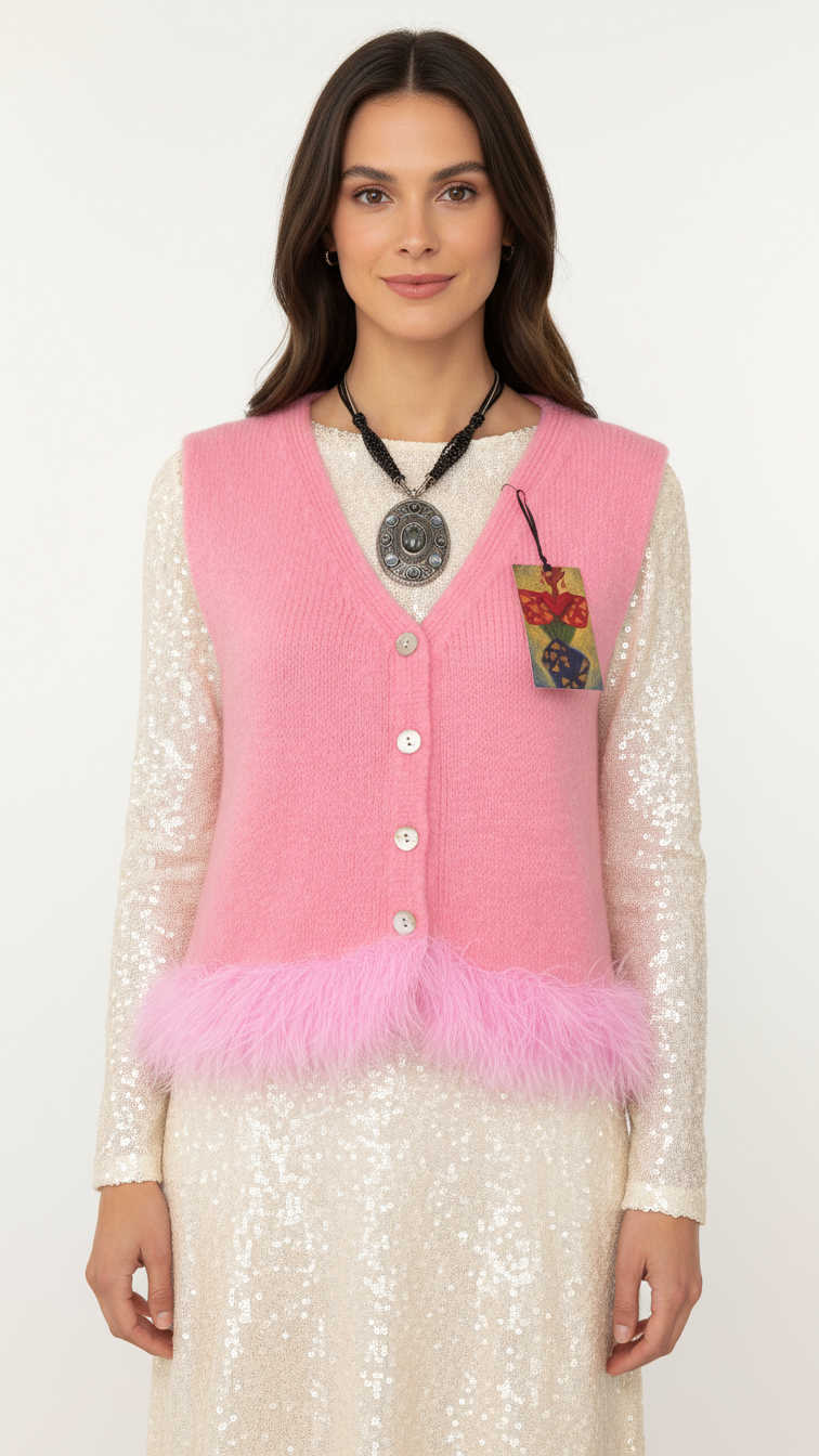 Alpaca knit, pink sleeveless cardigan with buttons