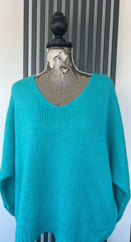 Turquoise sweater, v-neck mohair jumper