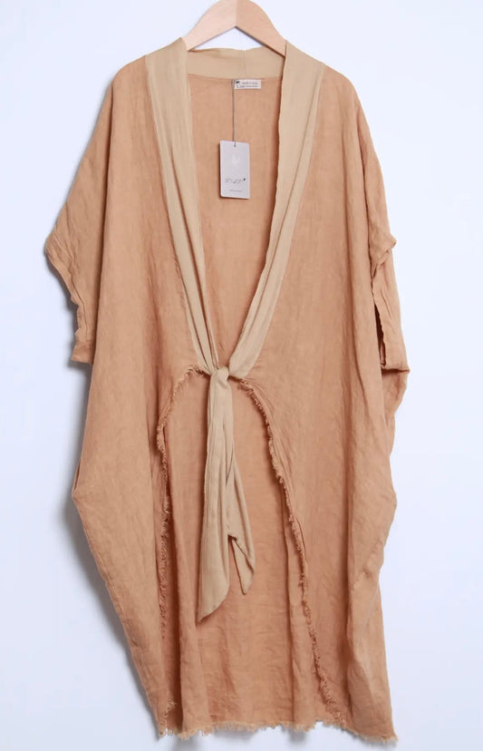 Camel long oversized cardigan linen vest