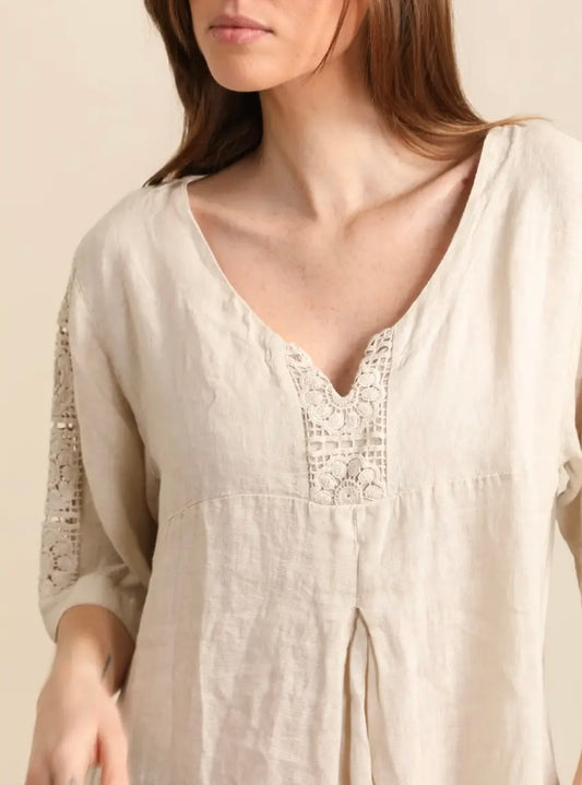 Made in Italy linen dress embroidered sleeve - 13 colours