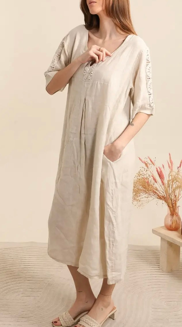 Made in Italy linen dress embroidered sleeve - 13 colours