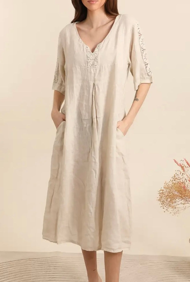 Made in Italy linen dress embroidered sleeve - 13 colours