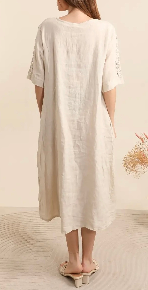 Made in Italy linen dress embroidered sleeve - 13 colours