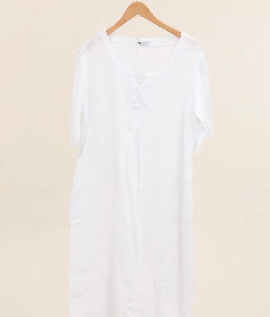 Made in Italy linen dress embroidered sleeve - 13 colours