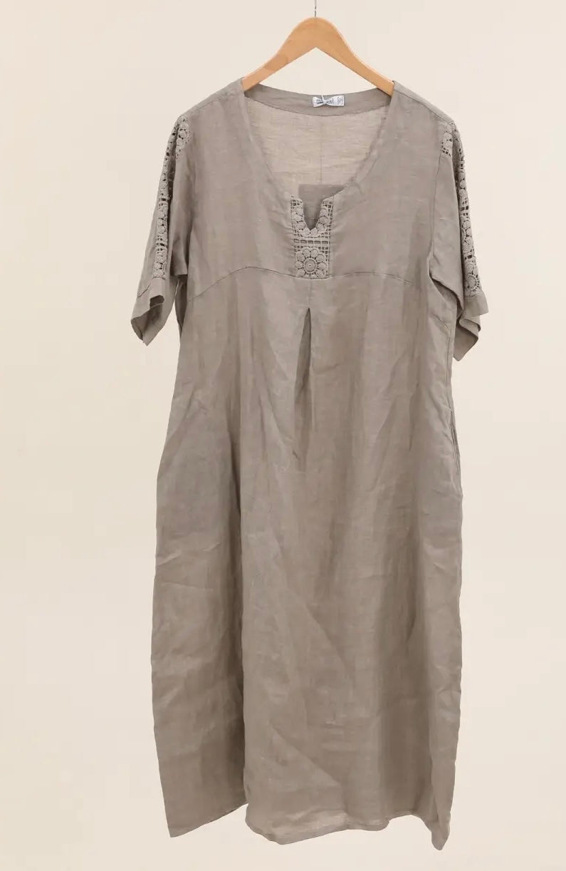 Made in Italy linen dress embroidered sleeve - 13 colours