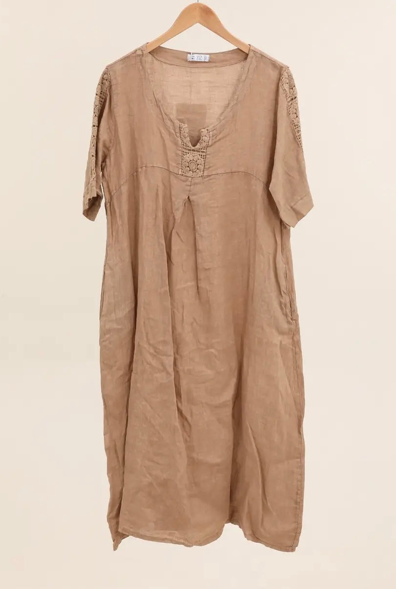Made in Italy linen dress embroidered sleeve - 13 colours