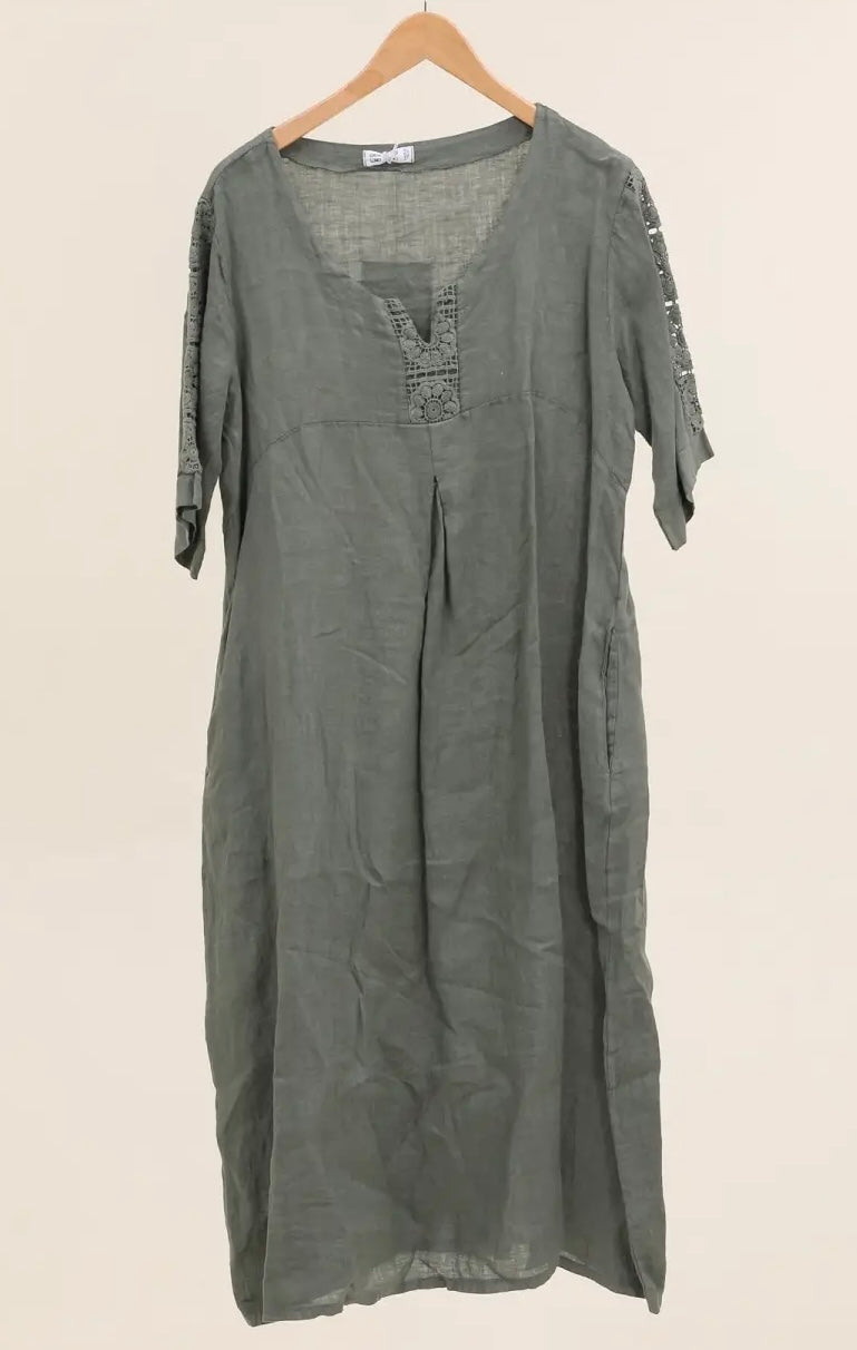 Made in Italy linen dress embroidered sleeve - 13 colours