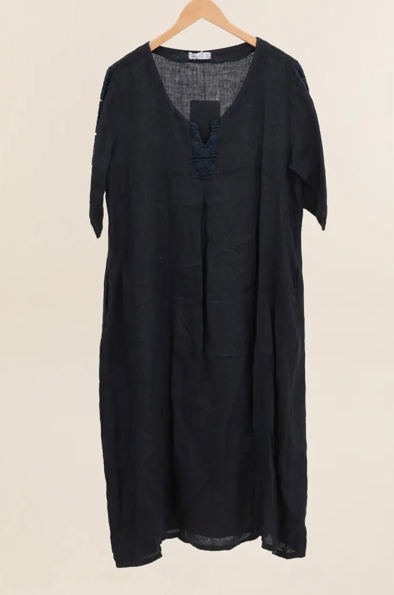 Made in Italy linen dress embroidered sleeve - 13 colours