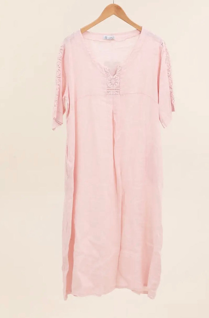Made in Italy linen dress embroidered sleeve - 13 colours