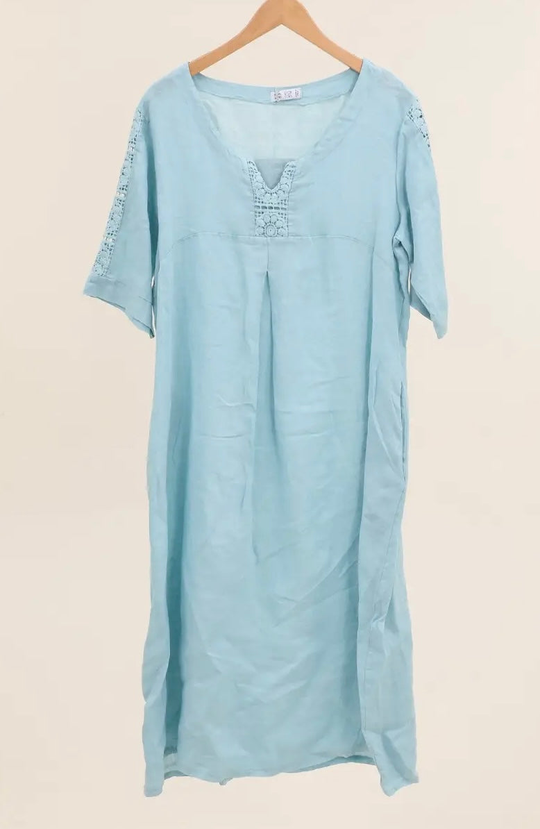 Made in Italy linen dress embroidered sleeve - 13 colours