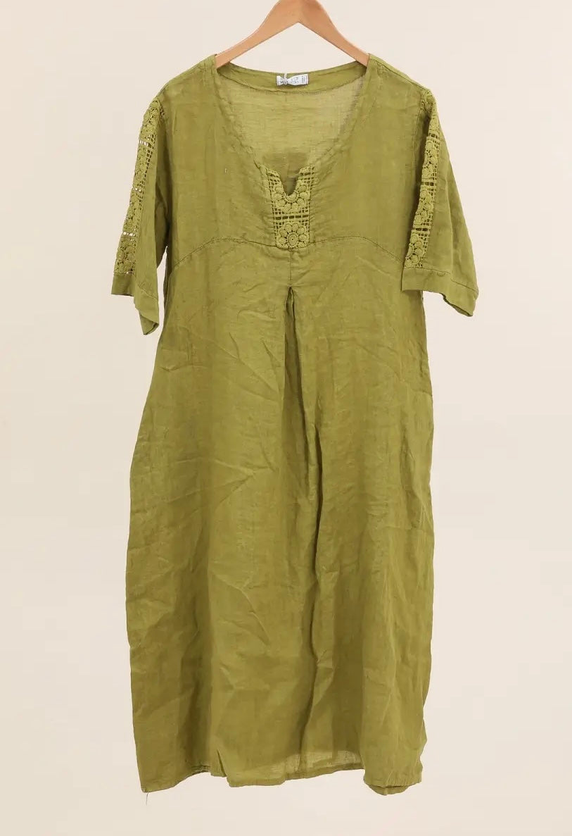 Made in Italy linen dress embroidered sleeve - 13 colours