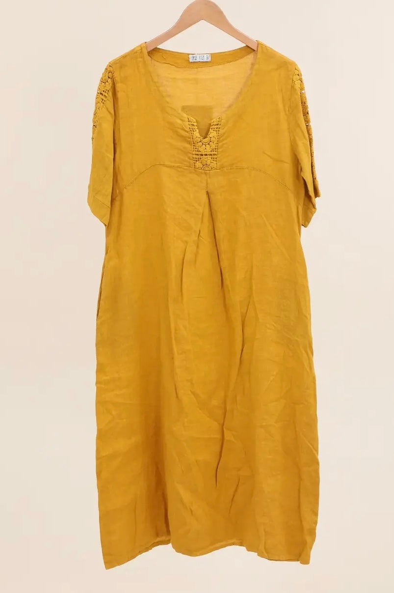Made in Italy linen dress embroidered sleeve - 13 colours