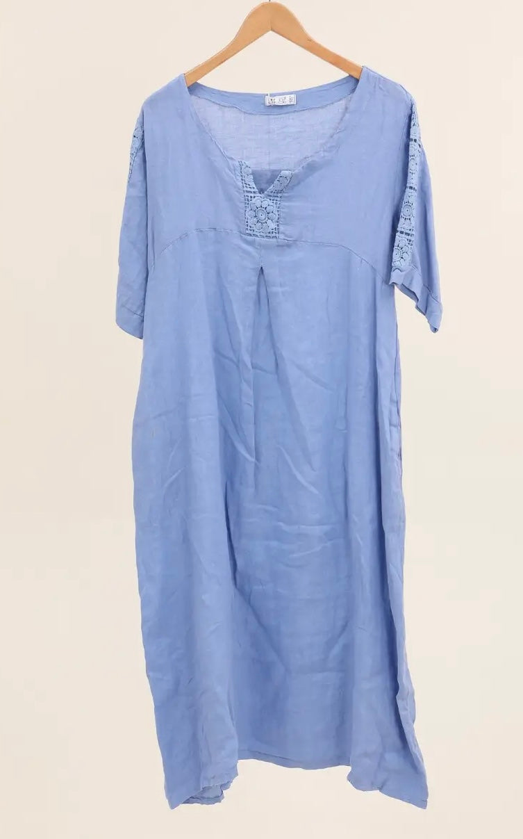 Made in Italy linen dress embroidered sleeve - 13 colours