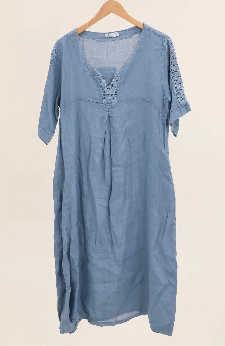 Made in Italy linen dress embroidered sleeve - 13 colours