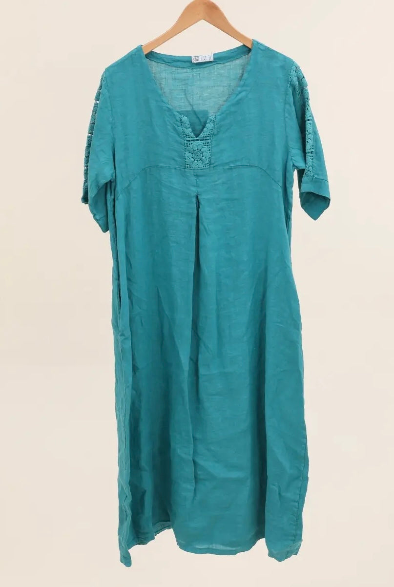 Made in Italy linen dress embroidered sleeve - 13 colours