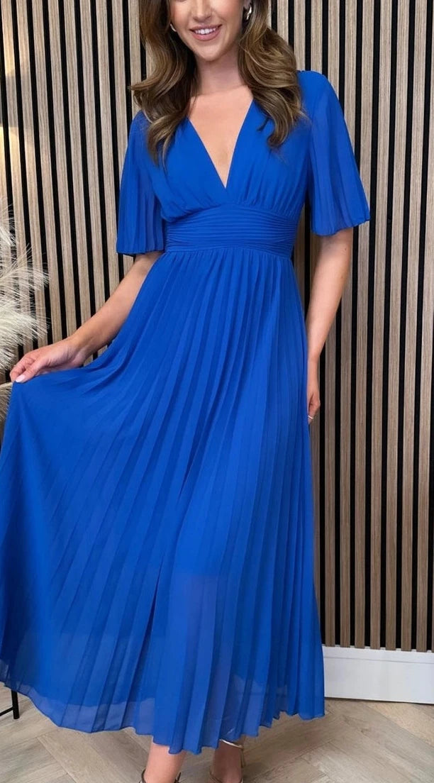 Long pleated royal blue dress