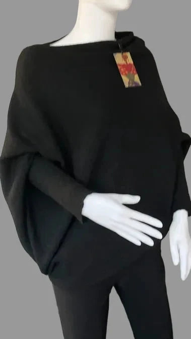 Black asymmetrical jumper with batwing sleeves