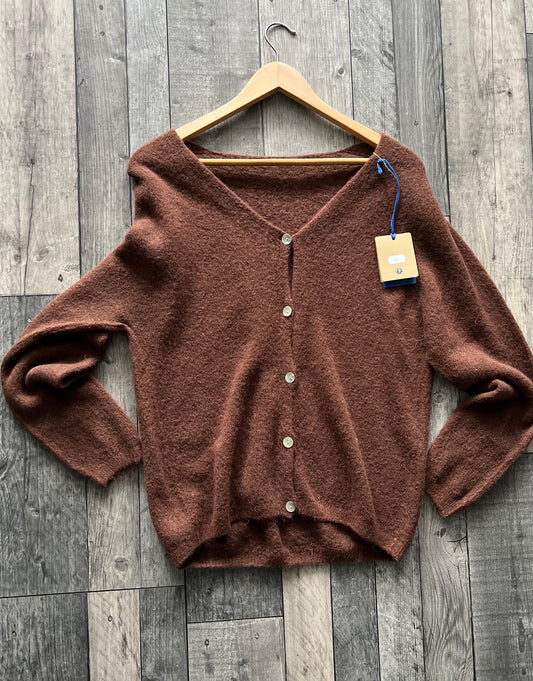 Chocolate brown v-neck alpaca cardigan with buttons