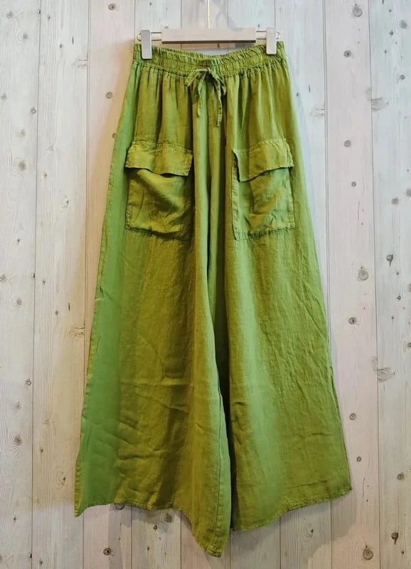 100% linen wide-leg summer trousers - olive green