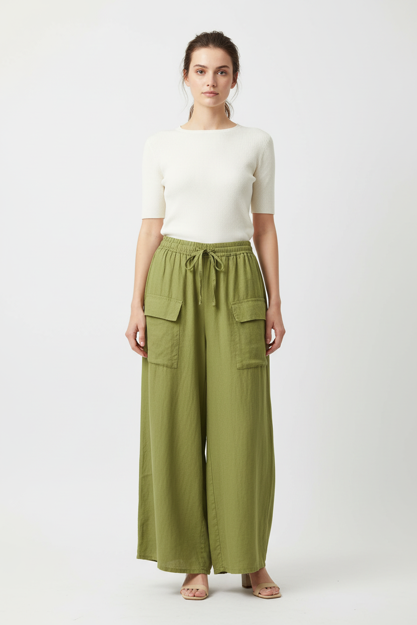 100% linen wide-leg summer trousers - olive green