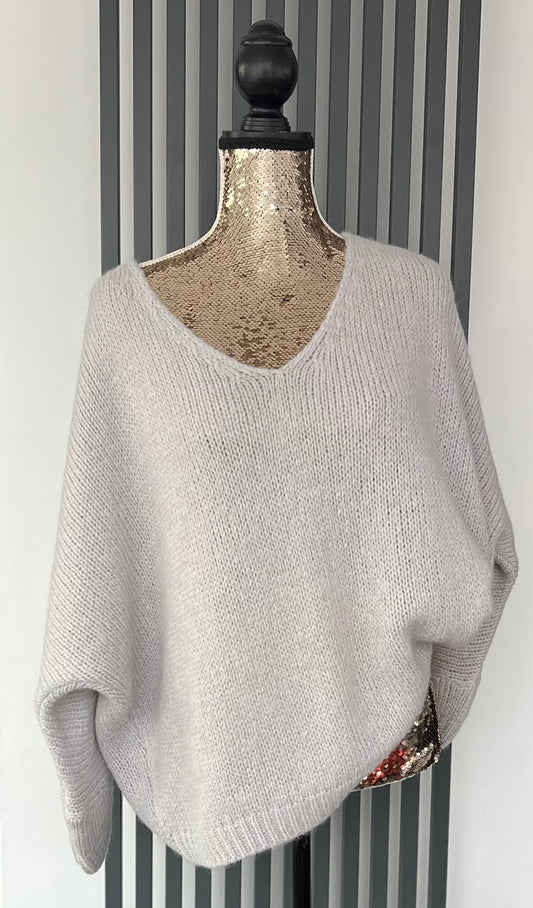 Light grey sweater, v-neck mohair jumper
