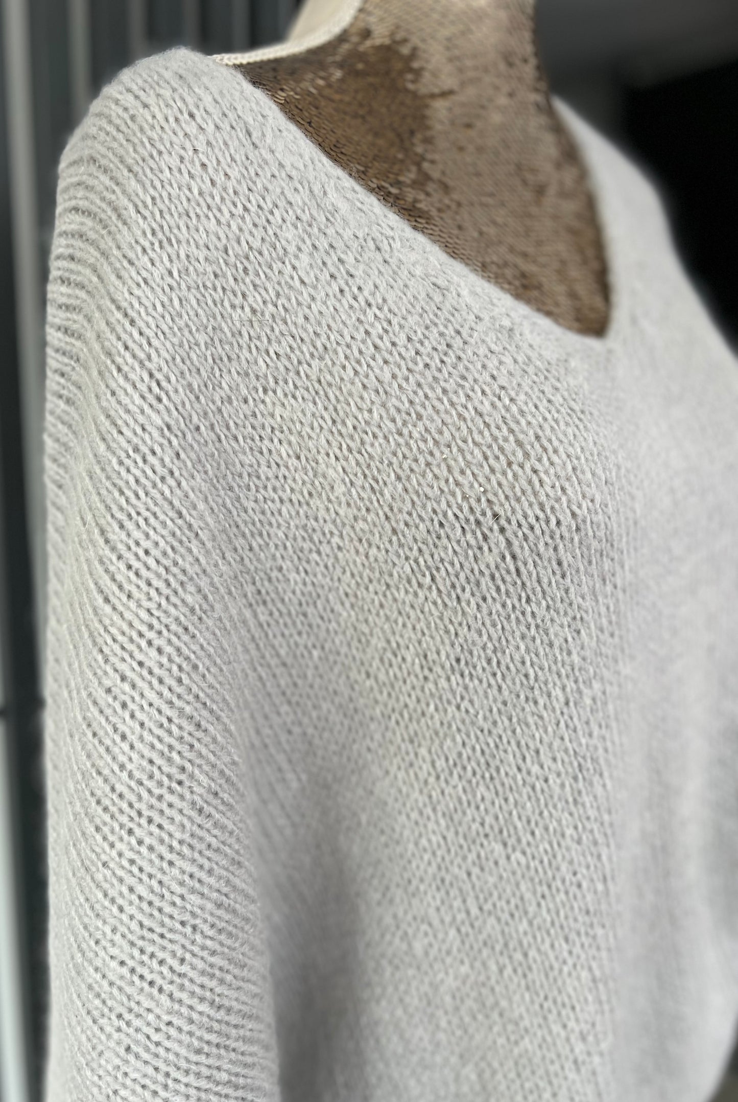 Light grey sweater, v-neck mohair jumper