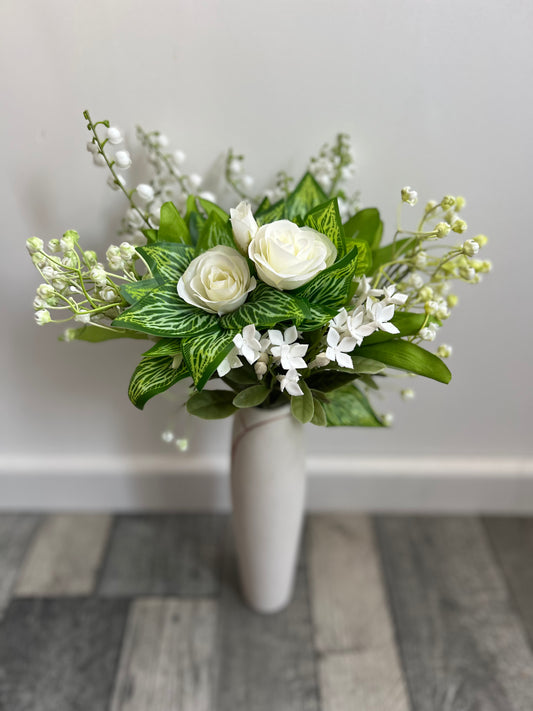 Floral arrangement, white roses, stephanotis, gypsophila and lily of the valley realistic flowers, bridesmaid bouquet