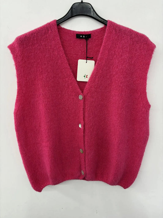 Sleeveless pink Jumper Alpaca Tank Top buttoned fuchsia vest