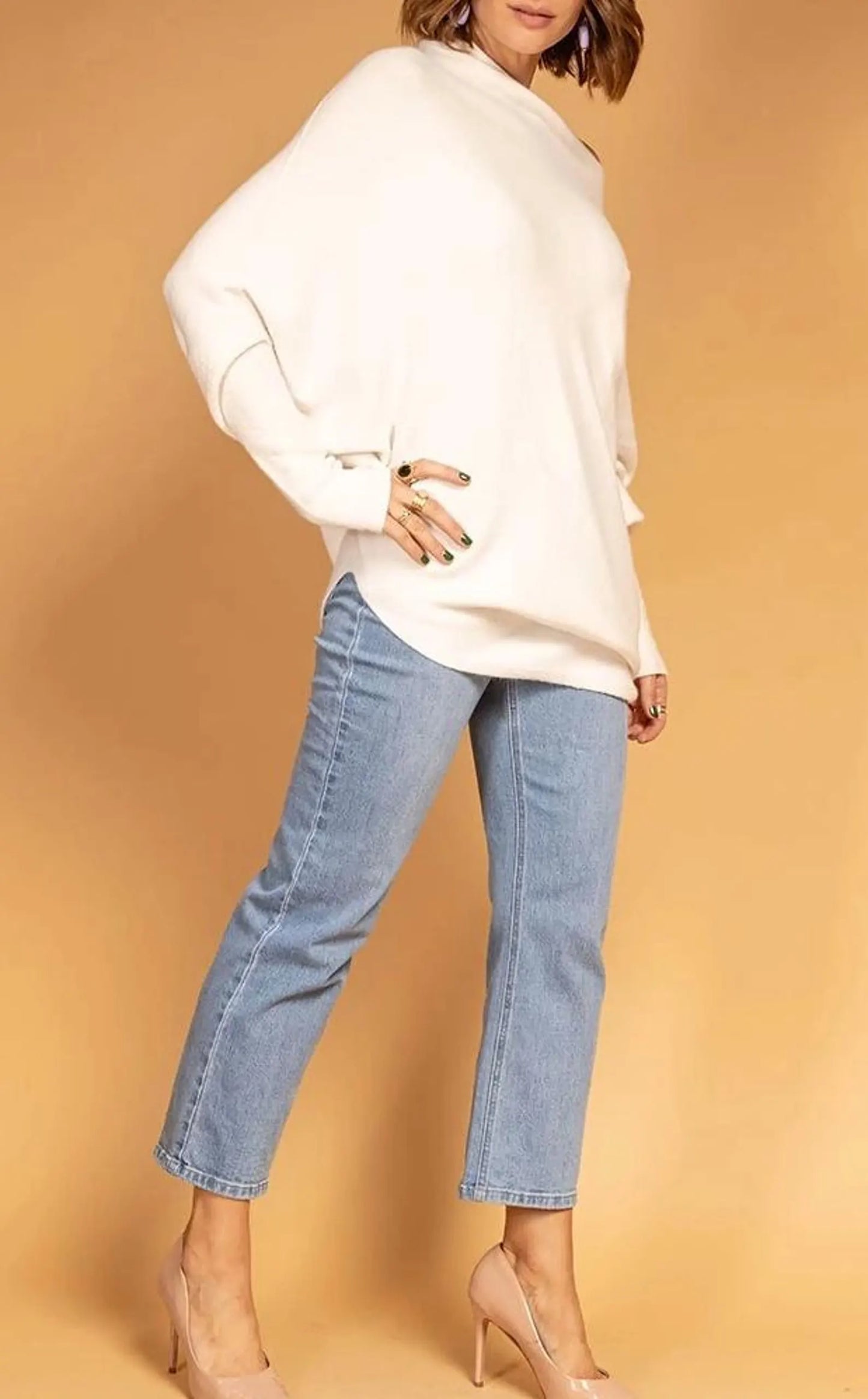 Off white asymmetrical batwing sleeve jumper
