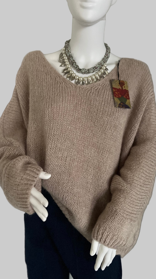 Oversized Mohair V-Neck Jumper - stone