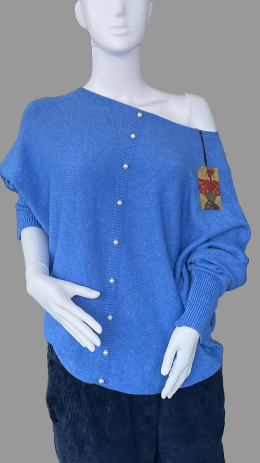 Denim blue jumper with elegant pearl detailing on the back