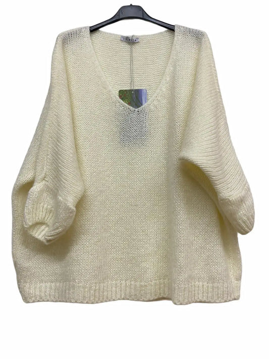 White sweater, v-neck mohair jumper