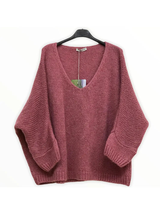 Dusty pink sweater, v-neck mohair jumper