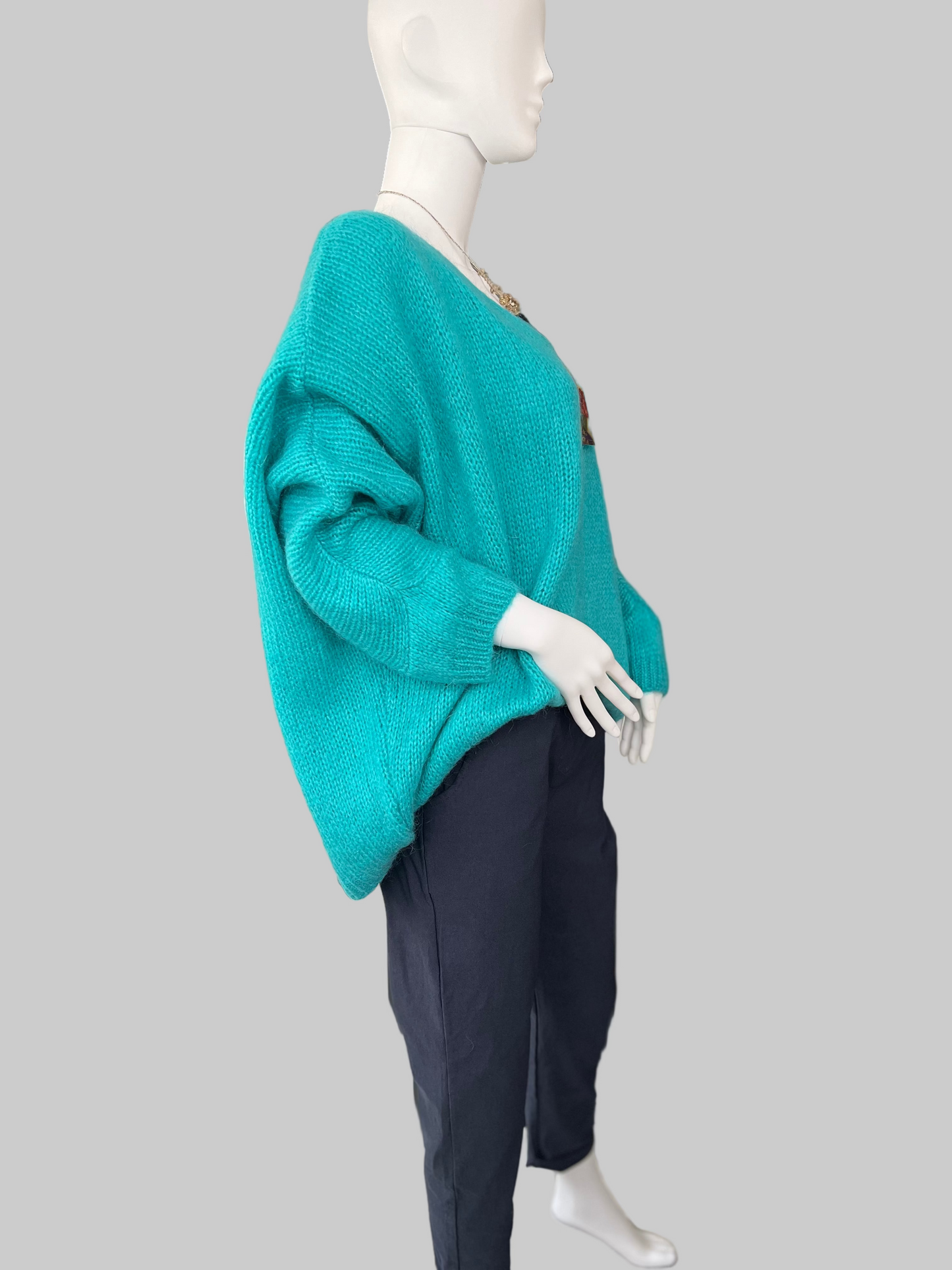 Oversized Mohair V-Neck Jumper - turquoise