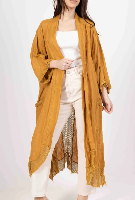 Mustard long oversized cardigan linen vest with pockets