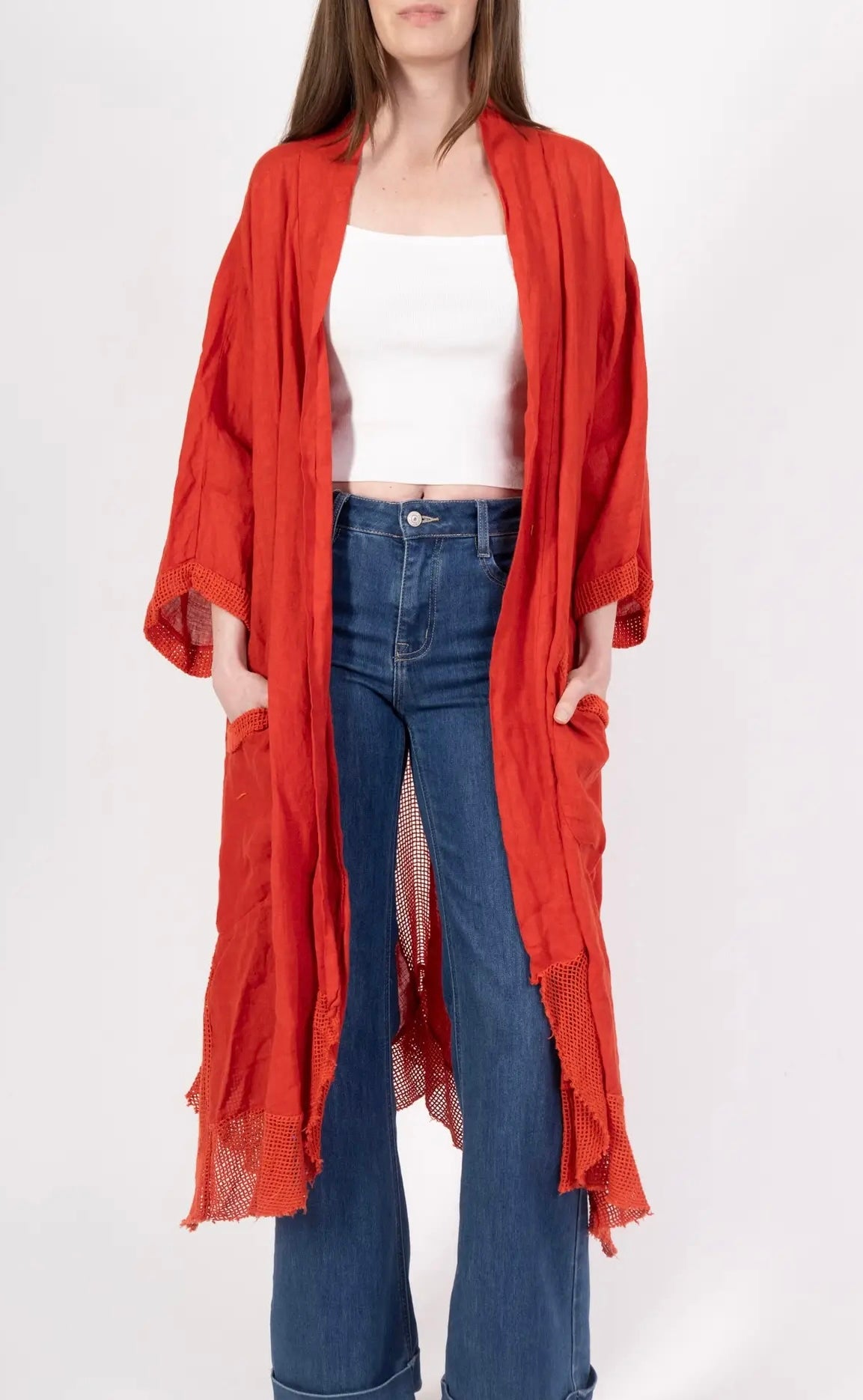 Red long oversized cardigan linen vest with pockets
