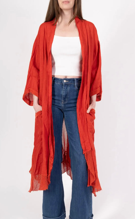 Red long oversized cardigan linen vest with pockets