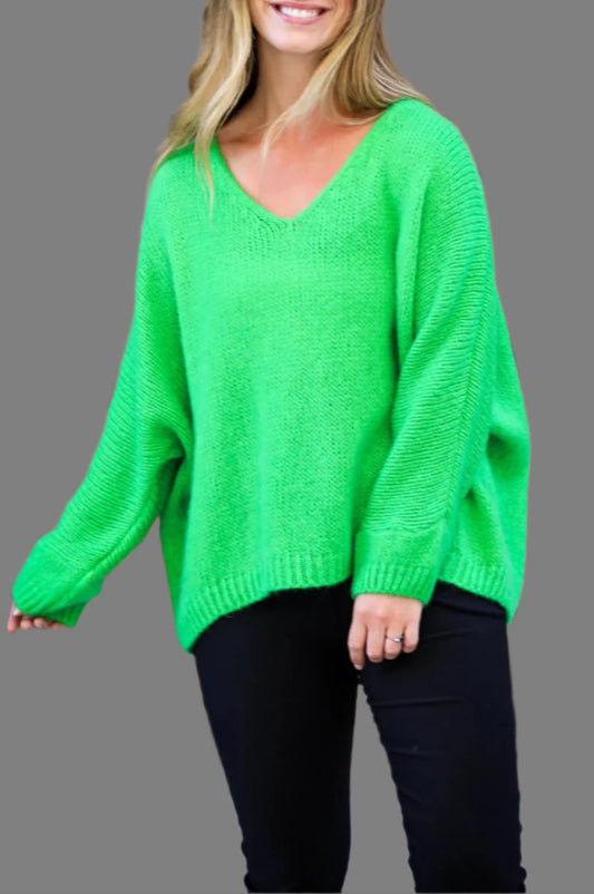 Apple green sweater, v-neck mohair jumper