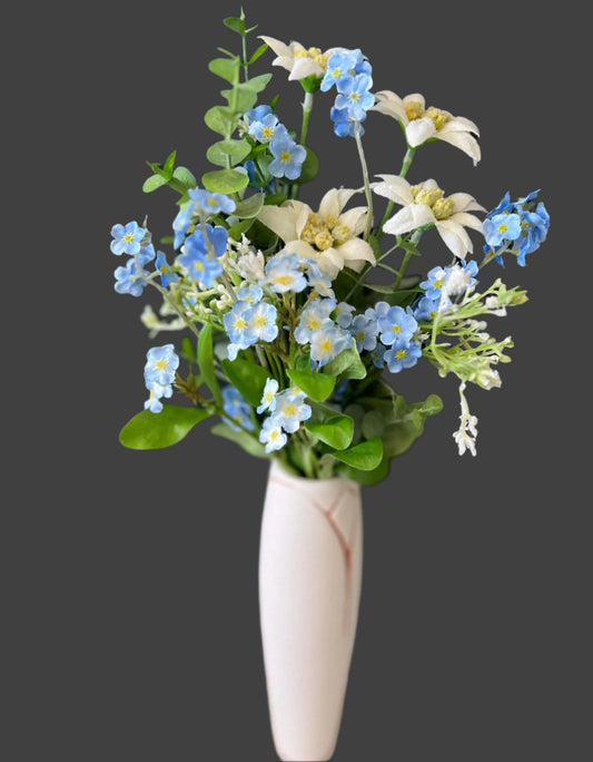 Floral arrangement: myosotis, edelweiss and eucalyptus realistic flowers