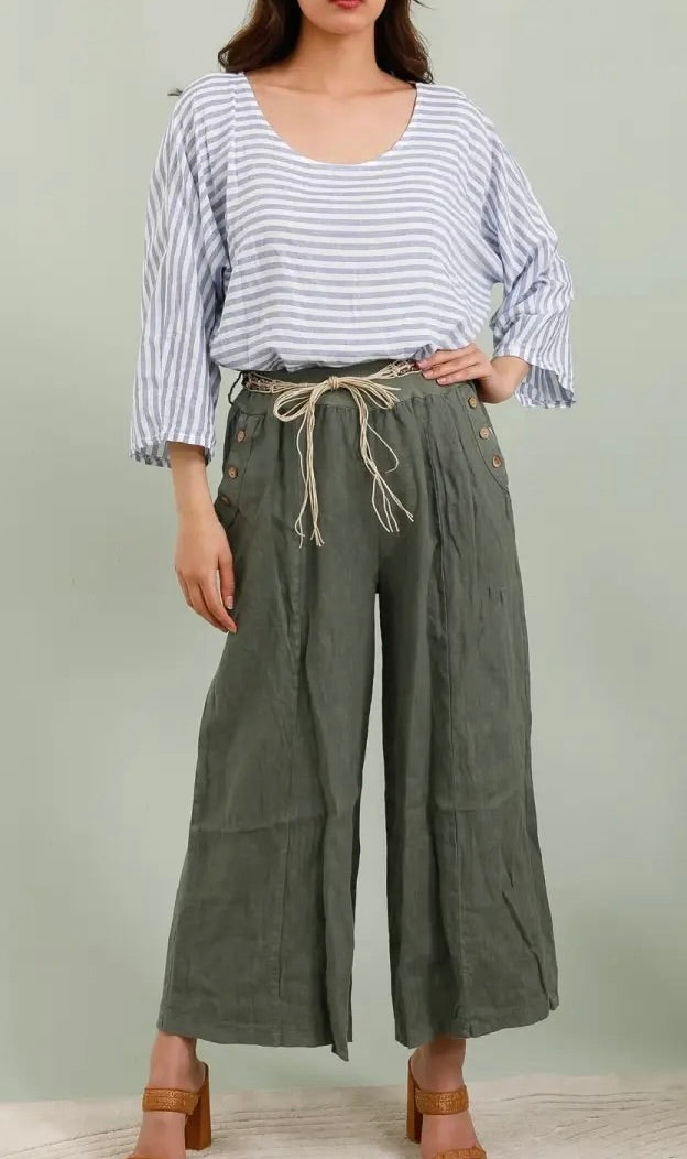 3 colours linen trousers with tassel belt