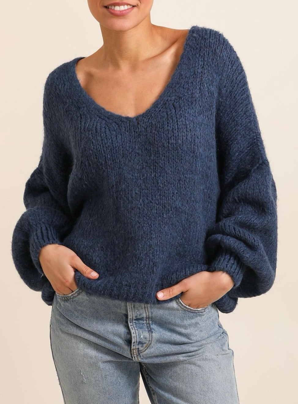 Dark blue sweater, v-neck jumper with puff sleeves