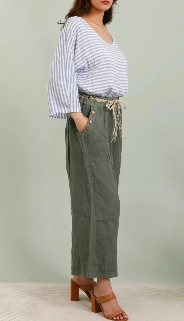 3 colours linen trousers with tassel belt