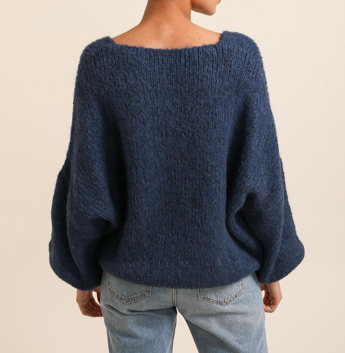 Dark blue sweater, v-neck jumper with puff sleeves