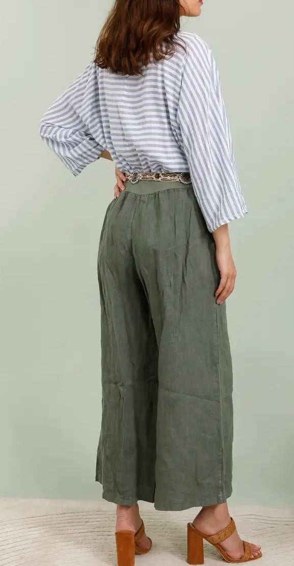 3 colours linen trousers with tassel belt