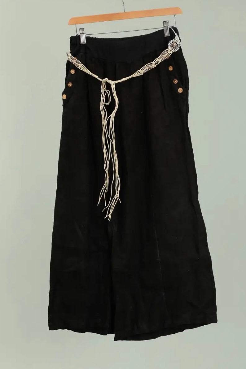 3 colours linen trousers with tassel belt