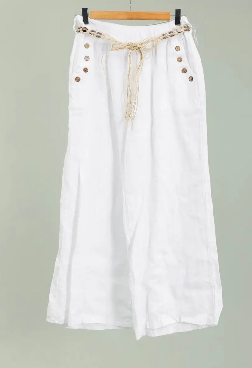 3 colours linen trousers with tassel belt