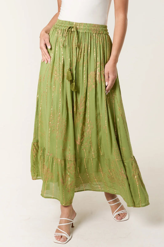 Gold foil maxi skirt - green