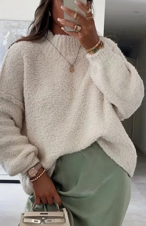Oversized teddy feel beige wooly knit jumper